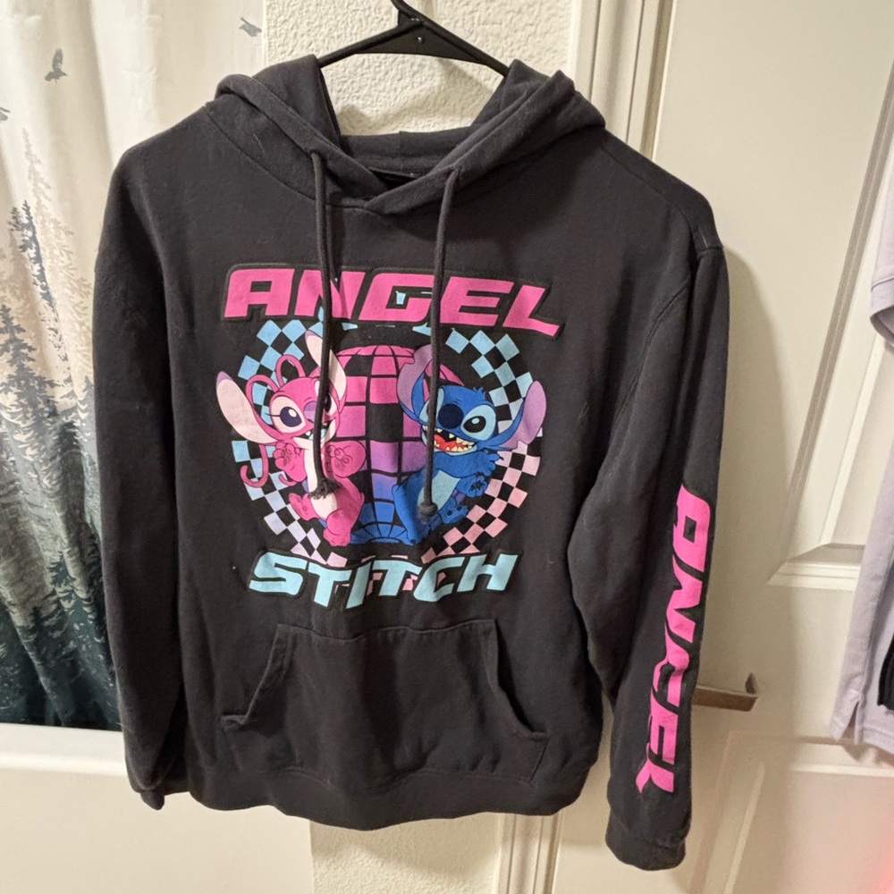 Disney Black Hoodie with Pink and Blue Angel & Stitch Graphic
